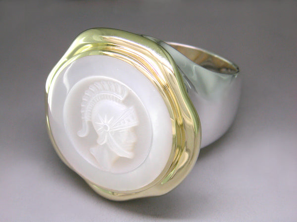 WHITE MOTHER OF PEARL INTAGLIO WARRIOR RING
