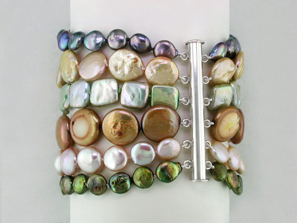 6-STRAND MULTICOLOR COIN PEARL BRACELET IN GREEN TONES