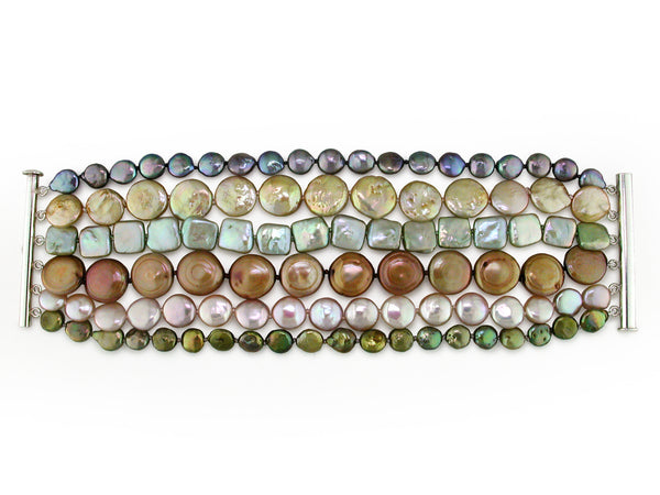 6-STRAND MULTICOLOR COIN PEARL BRACELET IN GREEN TONES