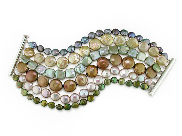 6-STRAND MULTICOLOR COIN PEARL BRACELET IN GREEN TONES
