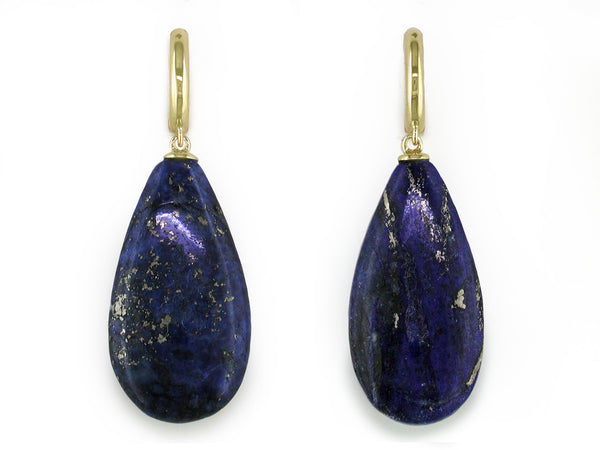 SMALL GOLD HOOP EARRINGS WITH LARGE LAPIS DROP