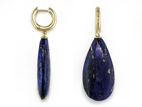 SMALL GOLD HOOP EARRINGS WITH LARGE LAPIS DROP