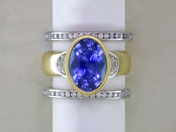 OVAL BLUE SAPPHIRE & HALF-MOON DIAMOND RING