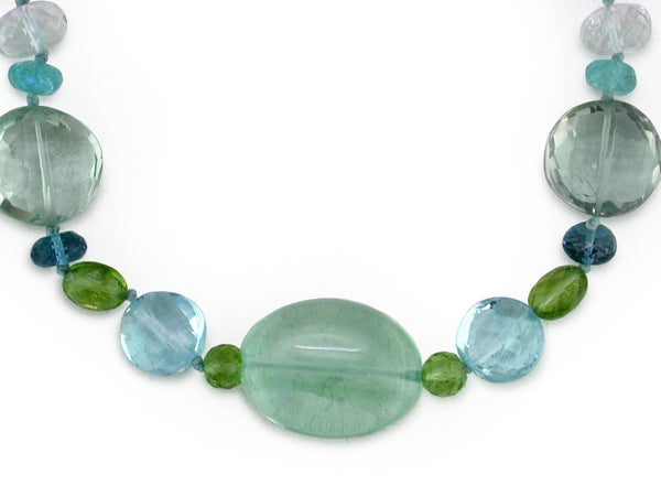 MULTICOLOR, MULTI-SHAPE CHUNKY GEMSTONE NECKLACE WITH OVAL FLUORITE CENTER