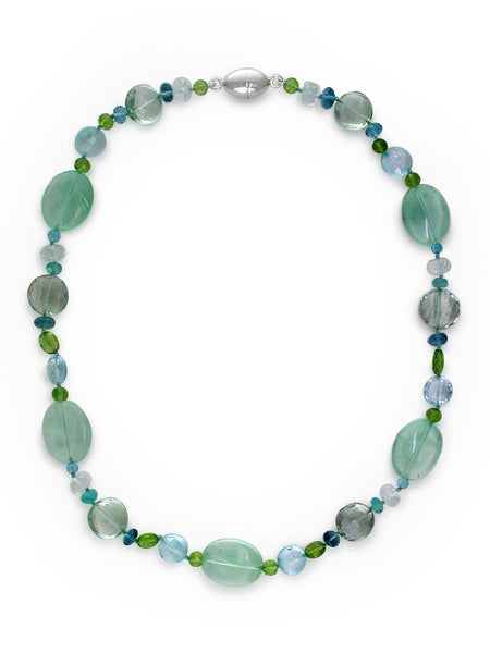 MULTICOLOR, MULTI-SHAPE CHUNKY GEMSTONE NECKLACE WITH OVAL FLUORITE CENTER
