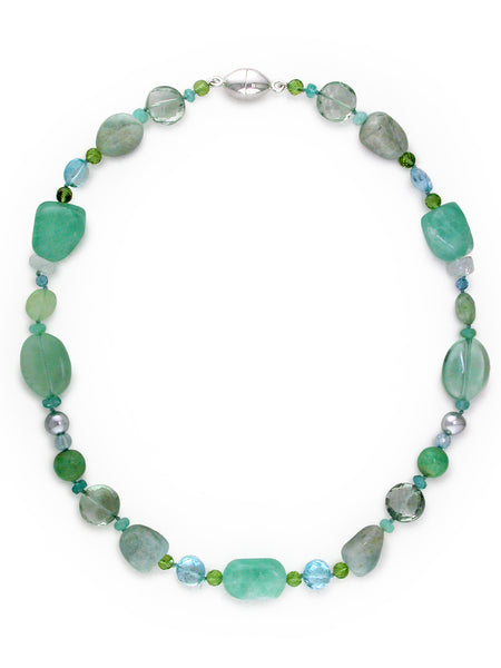 MULTICOLOR, MULTI-SHAPE CHUNKY GEMSTONE NECKLACE WITH AQUAMARINE CENTER