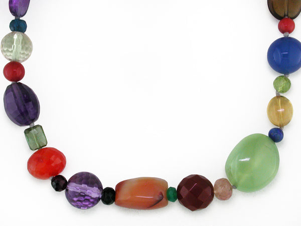 MULTICOLOR, MULTI-SHAPE LONG CHUNKY GEMSTONE NECKLACE