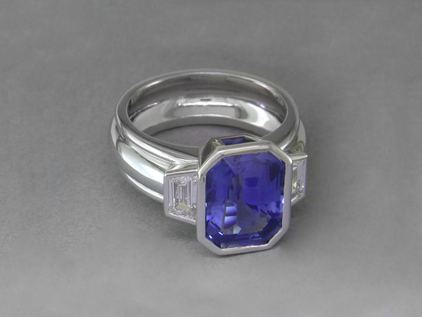 EMERALD CUT BLUE SAPPHIRE & DIAMOND RING