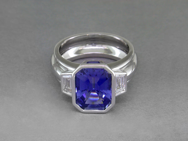 EMERALD CUT BLUE SAPPHIRE & DIAMOND RING