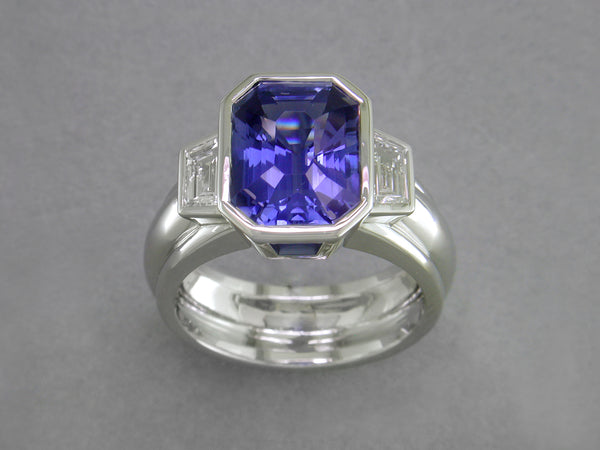 EMERALD CUT BLUE SAPPHIRE & DIAMOND RING