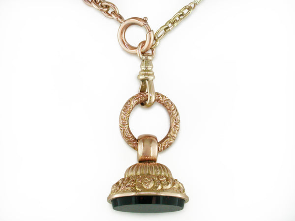 ANTIQUE PINK & YELLOW GOLD CHAIN WITH BLOODSTONE FOB DROP