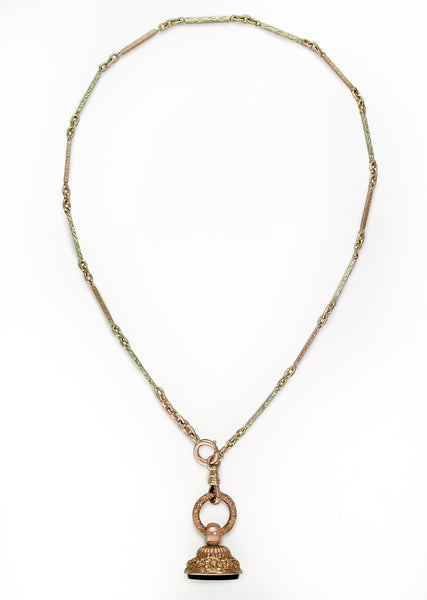 ANTIQUE PINK & YELLOW GOLD CHAIN WITH BLOODSTONE FOB DROP