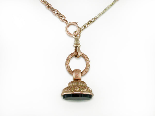 ANTIQUE PINK & YELLOW GOLD CHAIN WITH BLOODSTONE FOB DROP