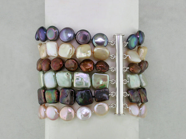 6-STRAND MULTICOLOR COIN PEARL BRACELET