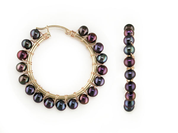 HAND-WRAPPED HOOP EARRINGS WITH BLACK IRIDESCENT FRESHWATER PEARLS
