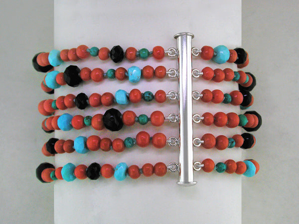 CORAL, TURQUOISE & BLACK ONYX 6-STRAND BRACELET