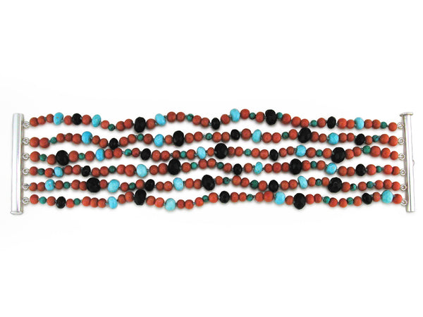 CORAL, TURQUOISE & BLACK ONYX 6-STRAND BRACELET