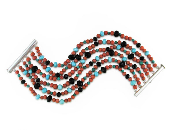CORAL, TURQUOISE & BLACK ONYX 6-STRAND BRACELET