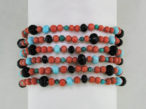 CORAL, TURQUOISE & BLACK ONYX 6-STRAND BRACELET